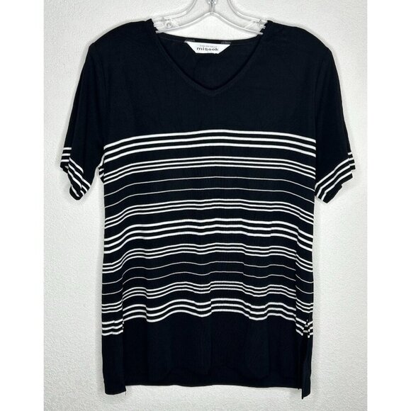 Vintage Exclusively Misook Top Large Acrylic Knit Black White Stripe Liquid Knit - Picture 1 of 11